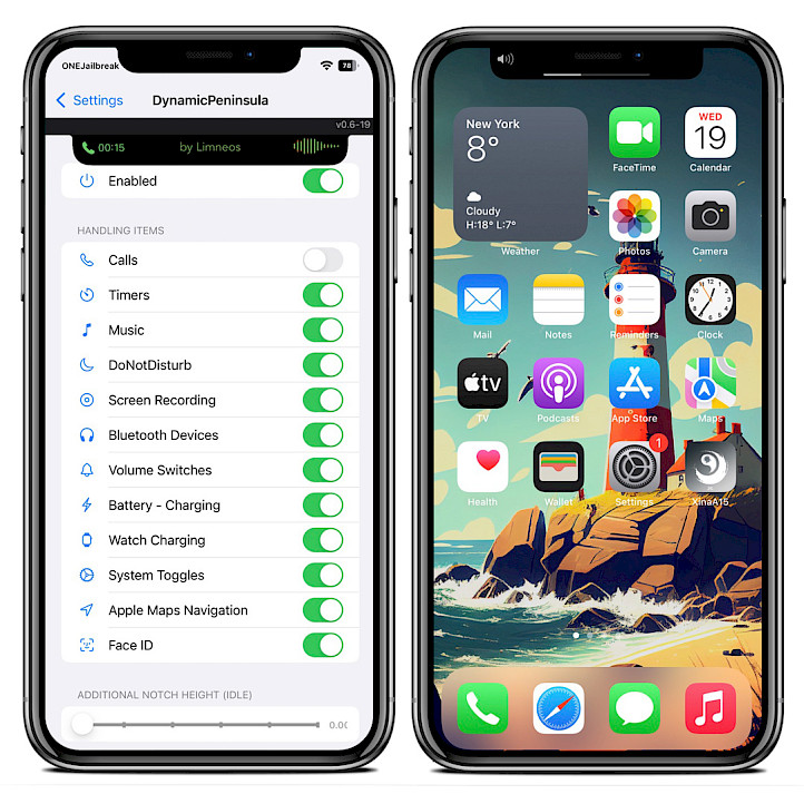 Two iPhone screens showing the Dynamic Peninsula tweak.