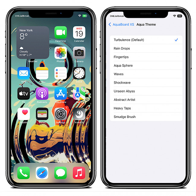 Two iPhone screens showing AquaBoard XS water effect on Home Screen and available themes.