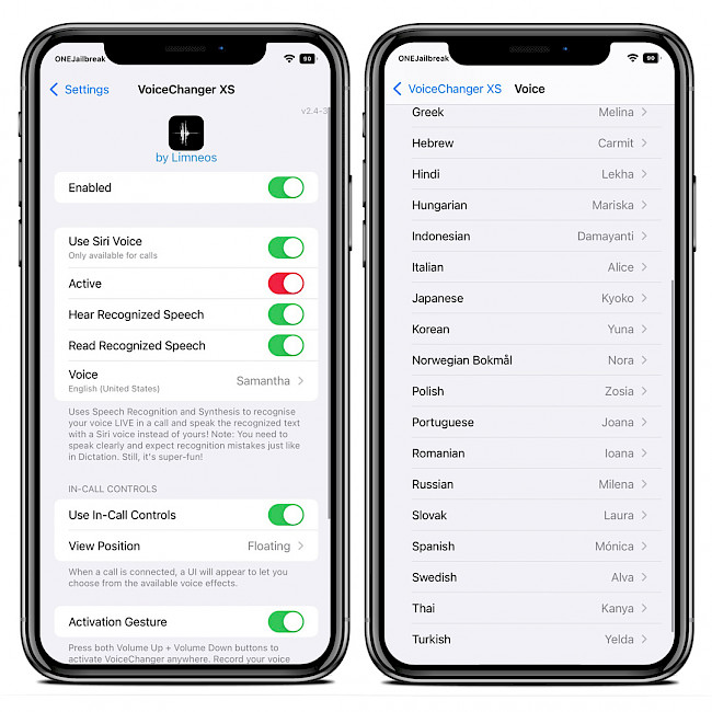 Two iPhone screens showing VoiceChanger XS Preferences.