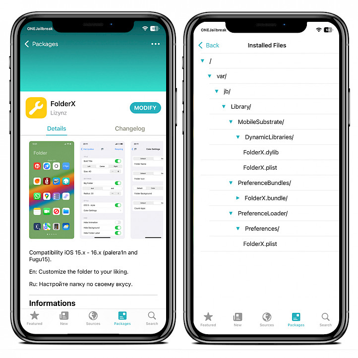 Two iPhone screens showing FolderX Repository and installed files.