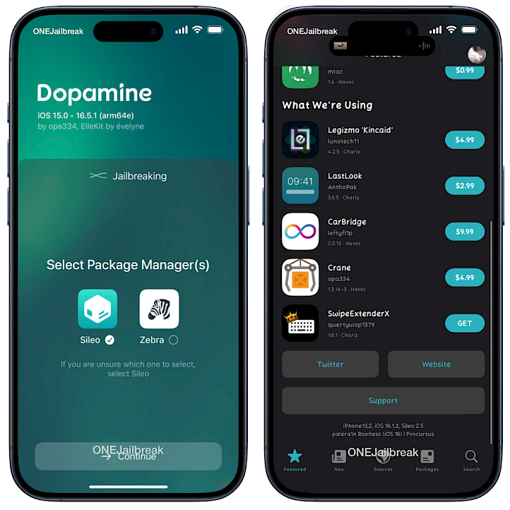 Dopamine 2.0 Slect Package Manager and Sileo screenshot.