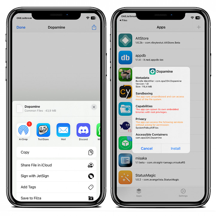 Installation of Dopamine Jailbreak IPA with TrollStore.