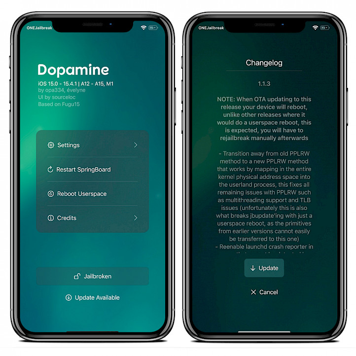 Dopamine Jailbreak update mechanism screenshot.