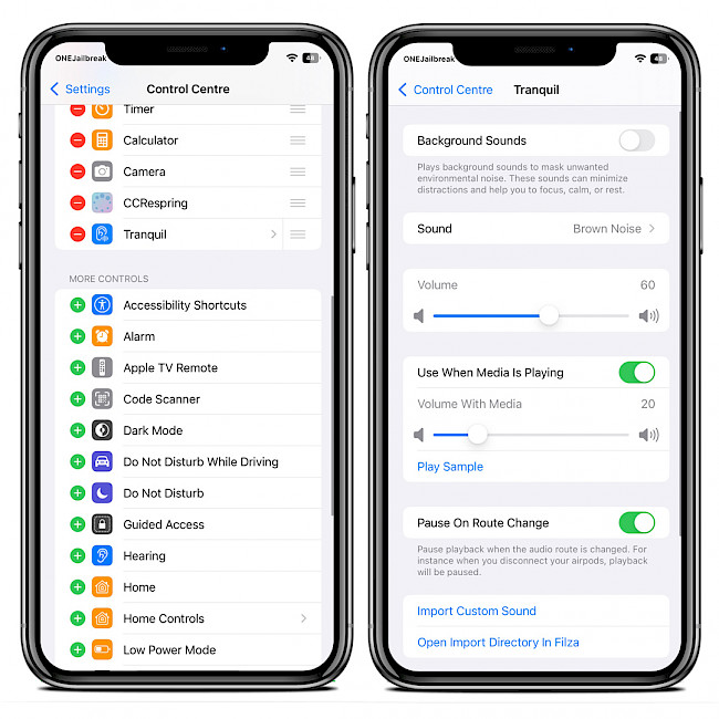 Two iPhone screens showing Tranquil preference pane.