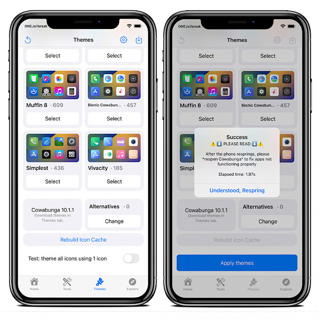 Two iPhone screens showing Cowabunga Themes section.