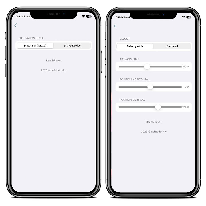 Two iPhone screens showing morw ReachPlayer settings on iOS 15.