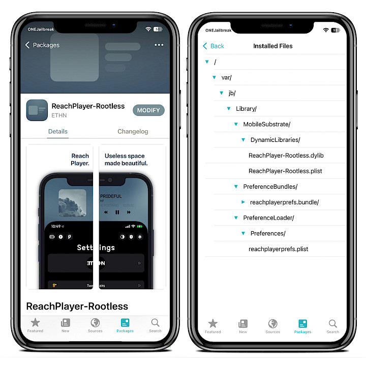 Sileo app showing ReachPlayer Repo and installed files on iOS 15.