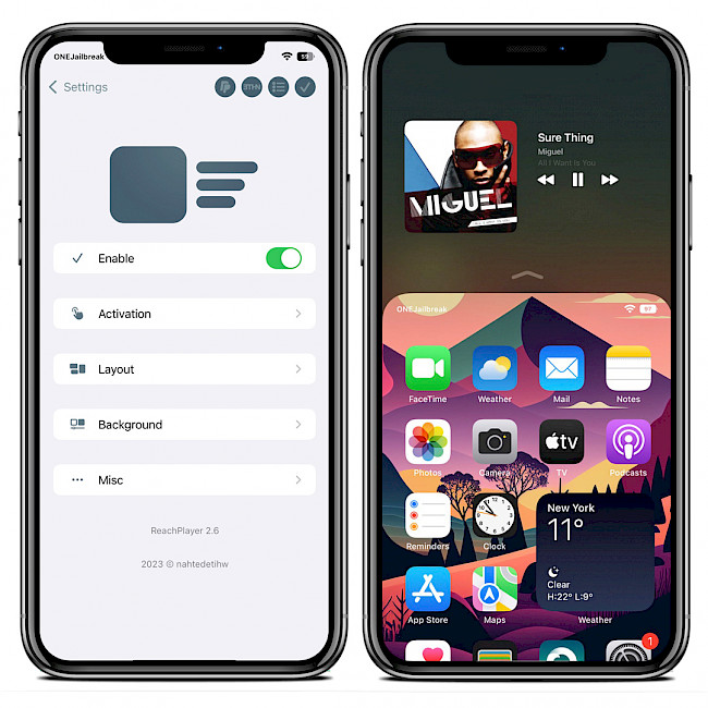 Two iPhone screens showing the ReachPlayer tweak preferences and music widget.