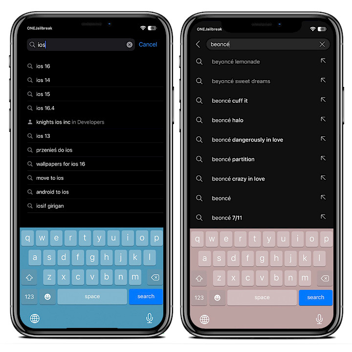 Two iPhone screen shooing colorised keyboard on iOS 15.