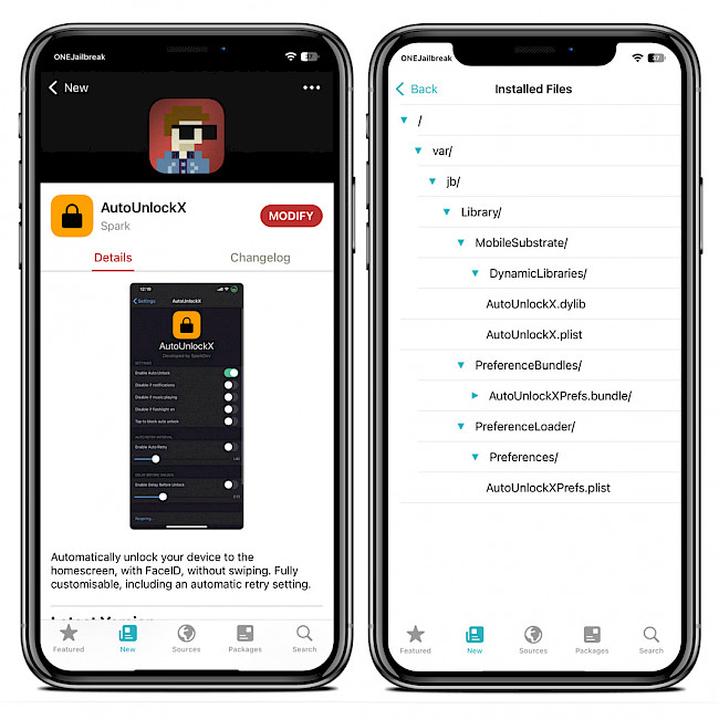Screenshot of Sileo app showing AutoUnlockX Repo and installed files.
