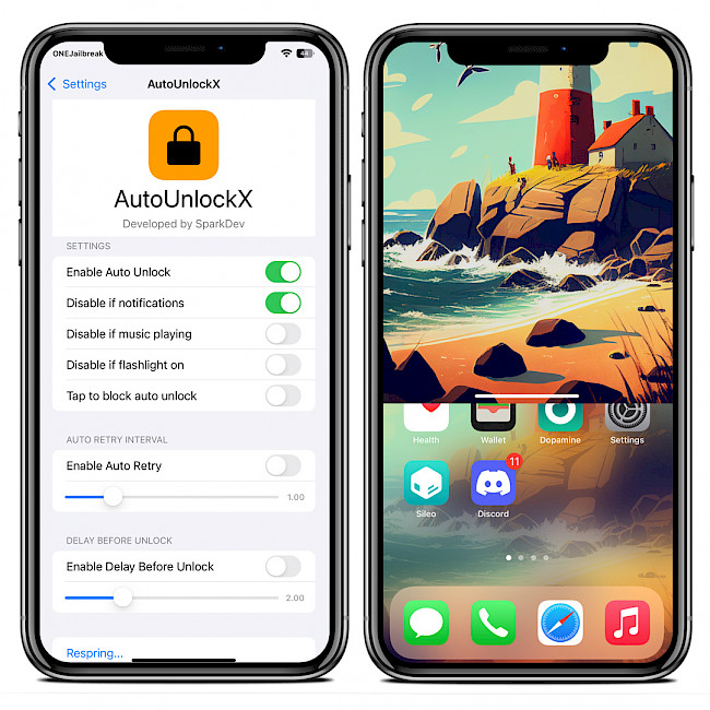 Two iPhone screens showing AutoUnlockX tweak on iOS 15.