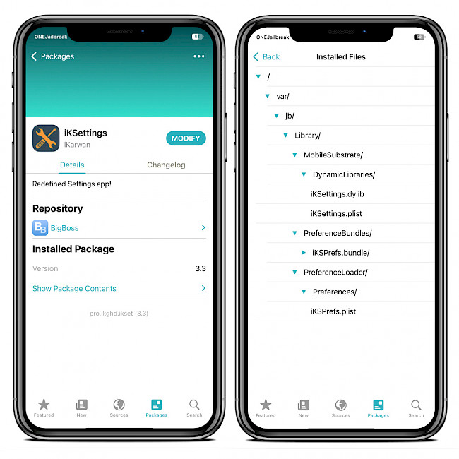 Sileo app screenshot showing iKSettings Repo and installed file son iOS 15.