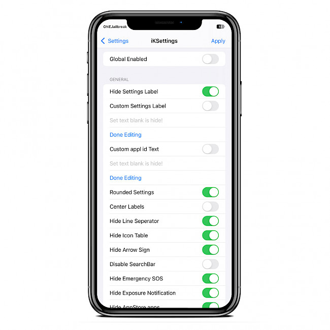 Screenshot of iKSettings tweak preferences.