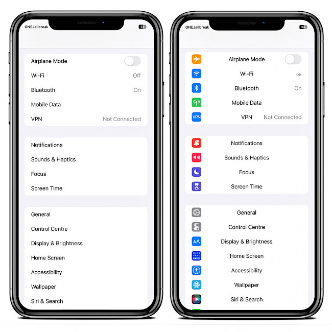 Two iPhone screens showing two different Settings app appearances by iKSettings.