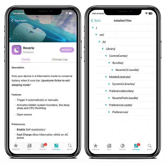 Sileo app showing Reverie Repo and installed files on iOS 15.