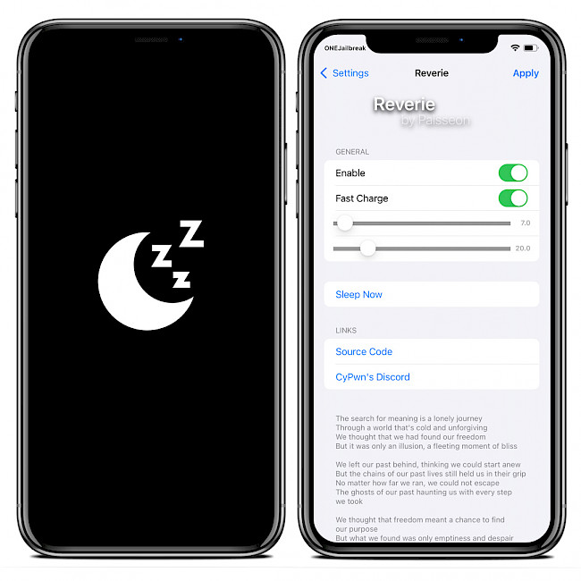 Two iPhone screens showing Reverie tweak preferences.