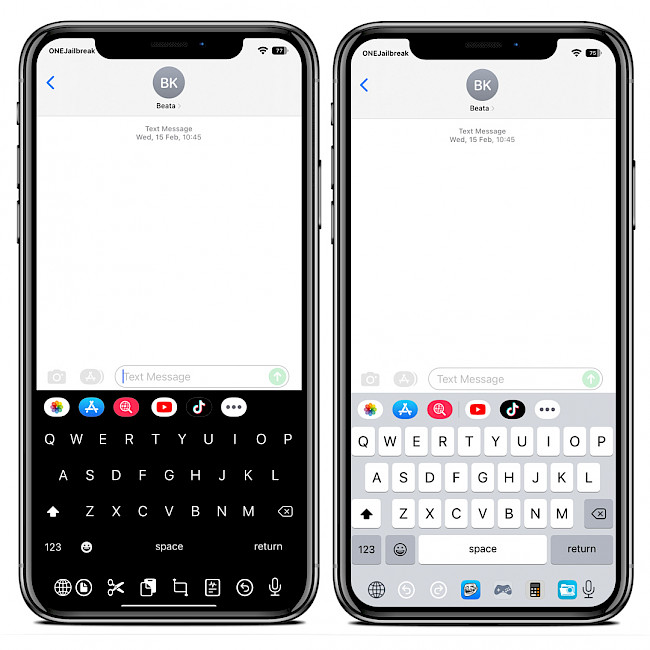 Two iPhone screens showing KBApp tweak apps launcher and modules.