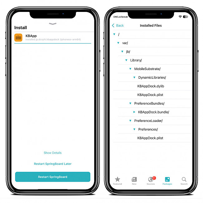 Sileo app screenshot showing KBApp Repo and installed files.