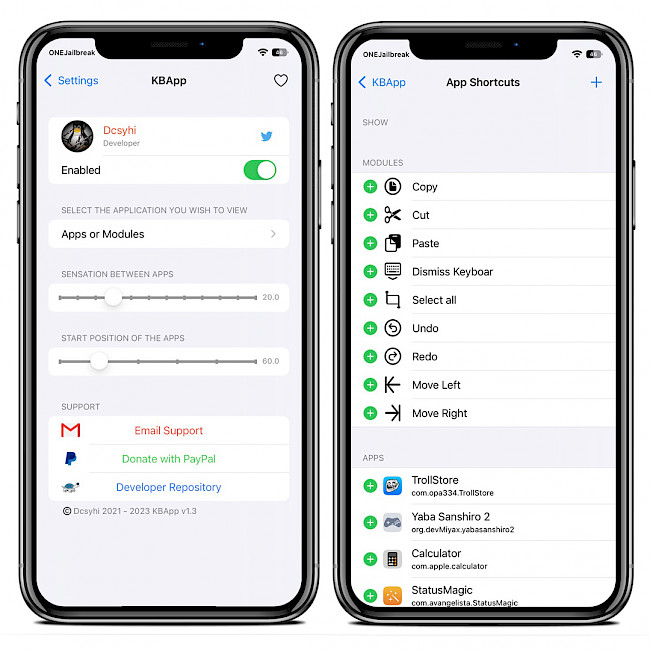 Two iPhone screens showing KBApp tweak preferences.