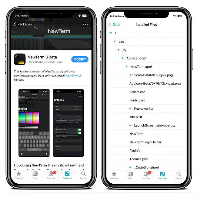 Sileo app showing NewTerm 3 Repo and installed files.