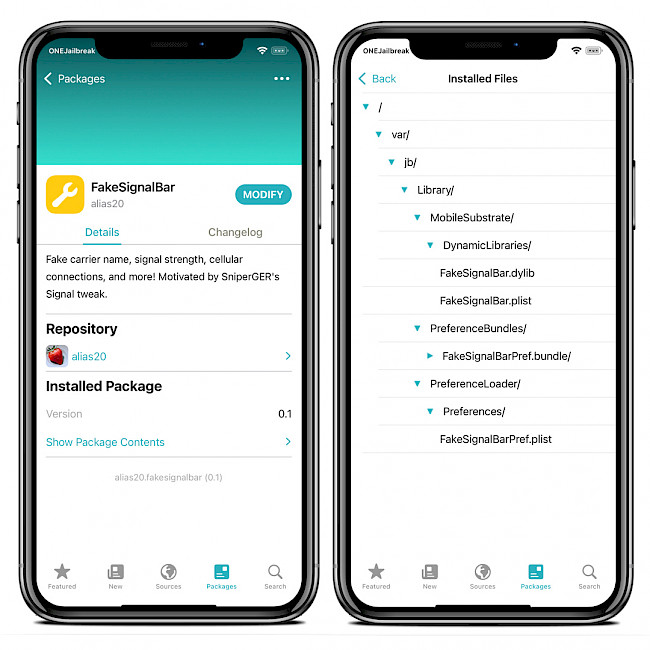 Two iPhone screens showing FakeSignalBar Repo and installed files via Sileo app.