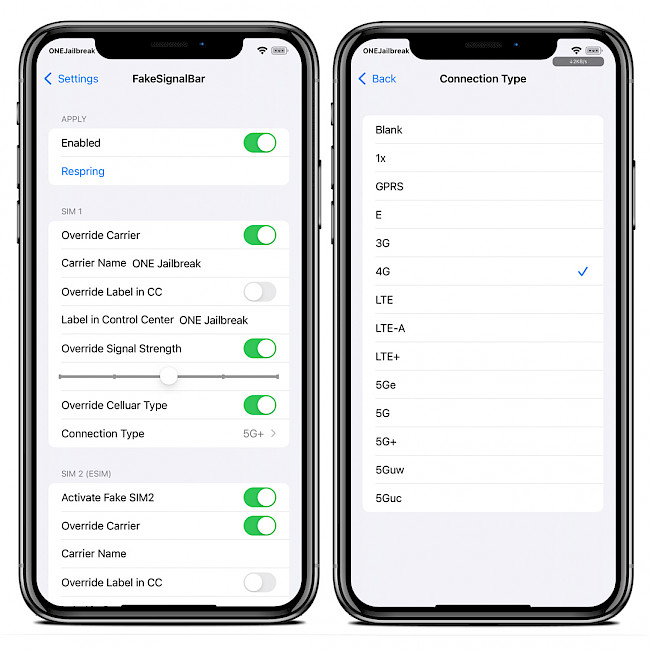Two iPhone screens showing FakeSignalBar tweak preferences on iOS 15.