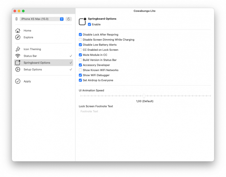 Screenshot of Cowabunga Lite Springboard options.