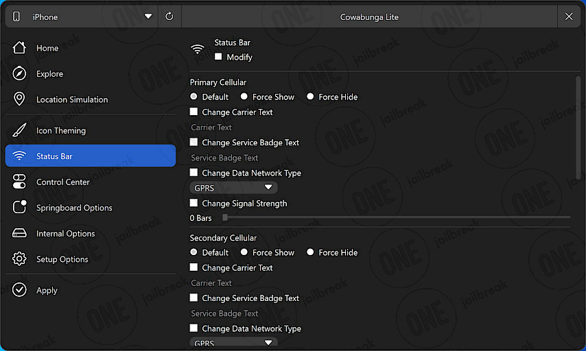 Cowabunga Lite Status Bar Settings.