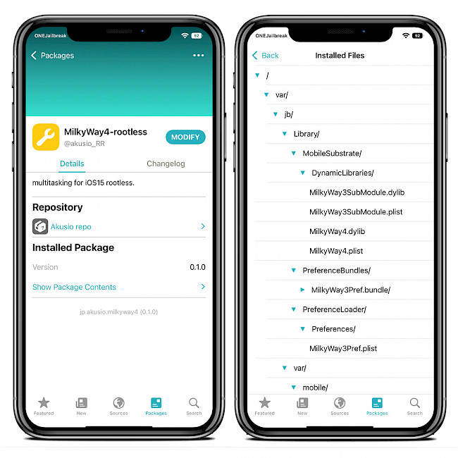 Screenshot of Sileo app showing MilkyWay 4 Repo and installed files.