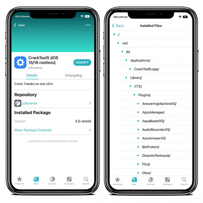 Sileo app screens showing CrackTool5 Repo and installed files on iOS 15.