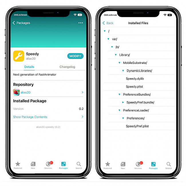 Sileo app showing Speedy Repo and installed files on iOS 15.