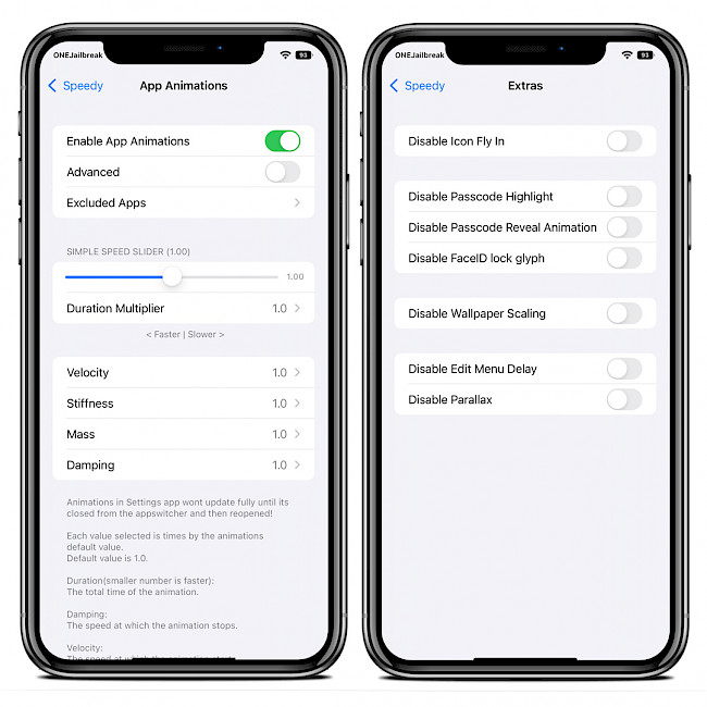 Two iPhone screens showing Speedy App Animations and Extra Section.