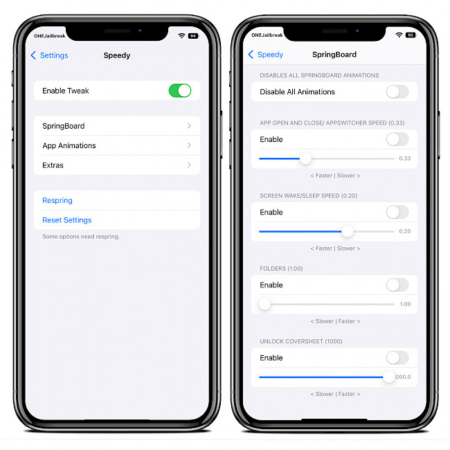 Two iPhone screens showing Speedy tweak preferences.