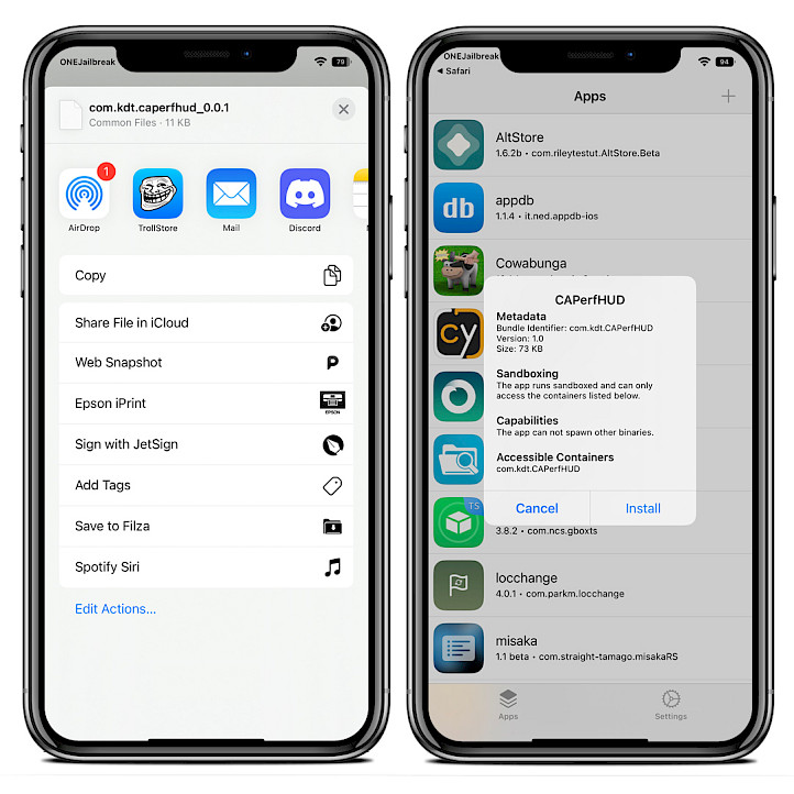 Two iPhone screens showing installation of CAPerfHUD for TrollStore on iOS 15.