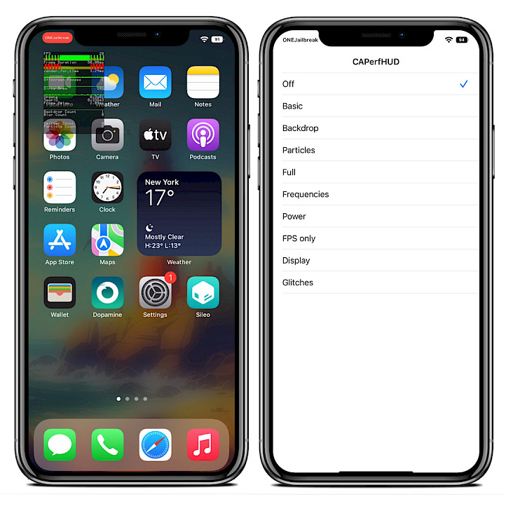 Two iPhone screens showing CAPrefHUD tweak on Home Screen and preference pane.