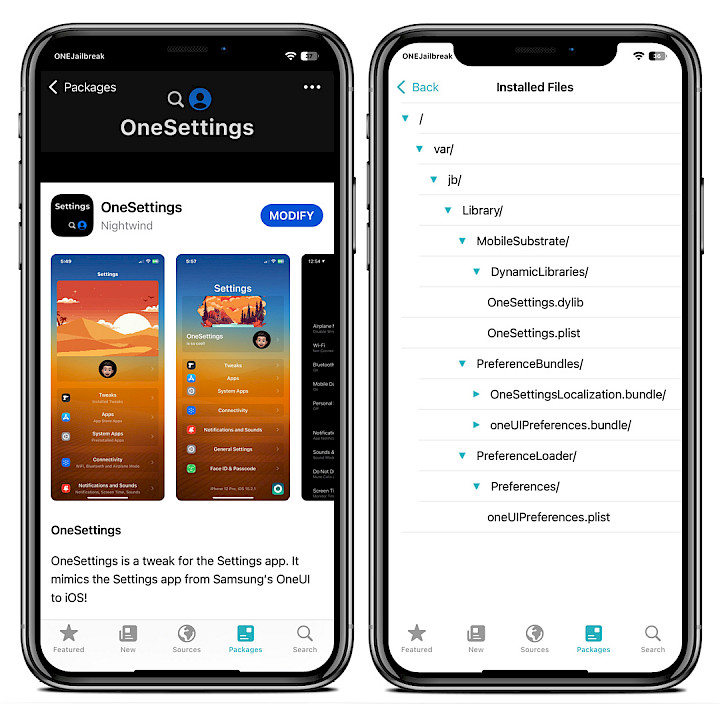 Sileo app showing OneSettings Repo and installed files.