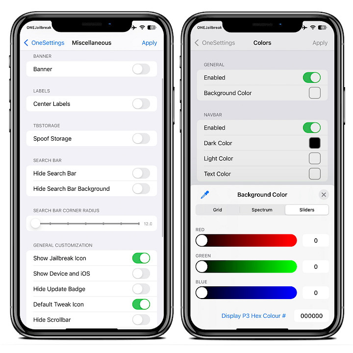 Two iPhone screens showing OneSettings tweak Settings.