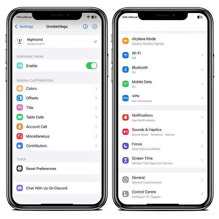 OneSettings tweak preferences screenshot.
