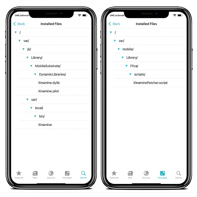 Sileo app showing Xinamine and Xinamine Patcher installed files on rootless iOS 15.