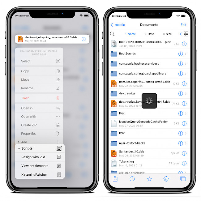 Two iPhone screens showing Xinamine Patcher script execution in Filza.