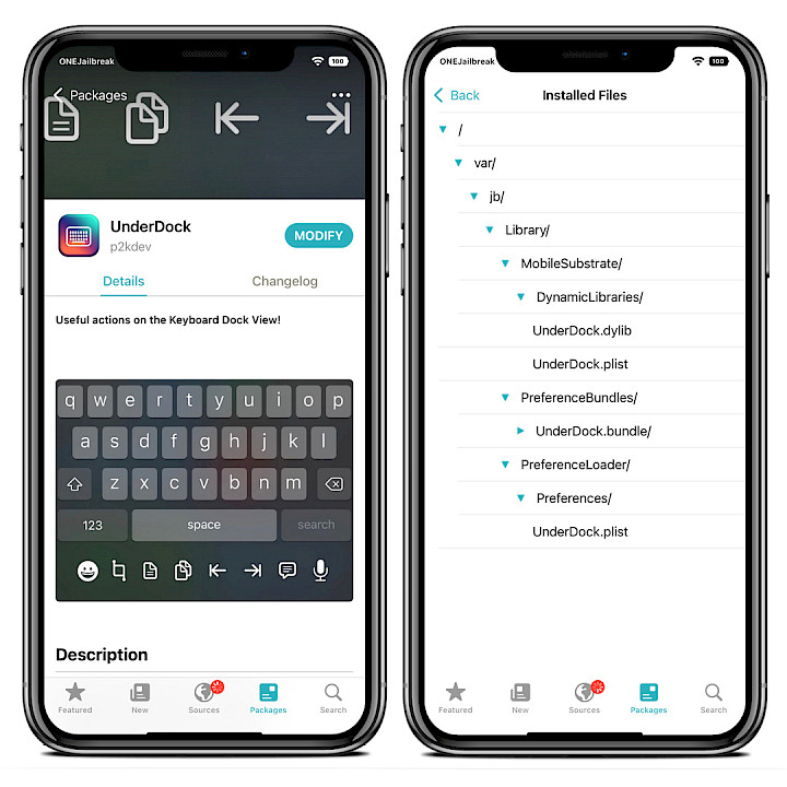 Sileo app showing UnderDock Repo and a list of installed files on iOS 15.