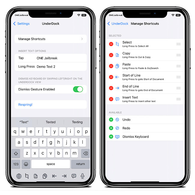 Two iPhone screens showing UnderDock tweak keyboard and shortcuts manager.