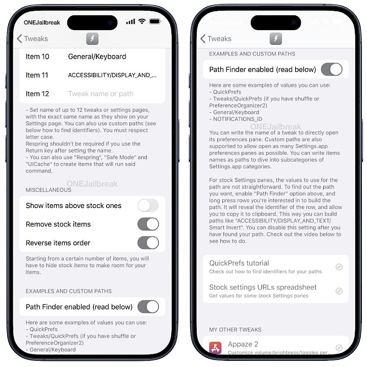 Screenshot of QuickPrefs preference pane in the Settings app.