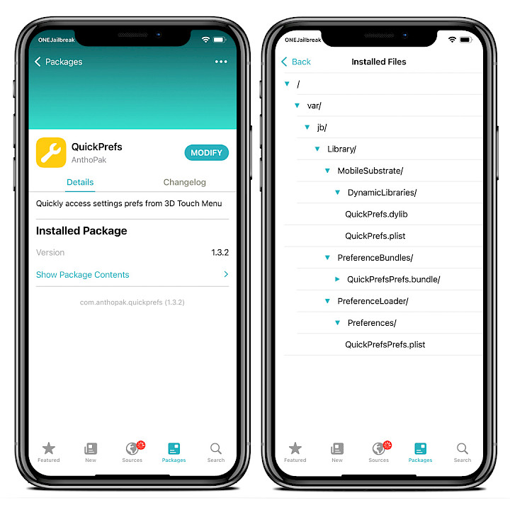 Screenshot of Sileo app showing QuickPrefs Repo and installed files on iOS 15.