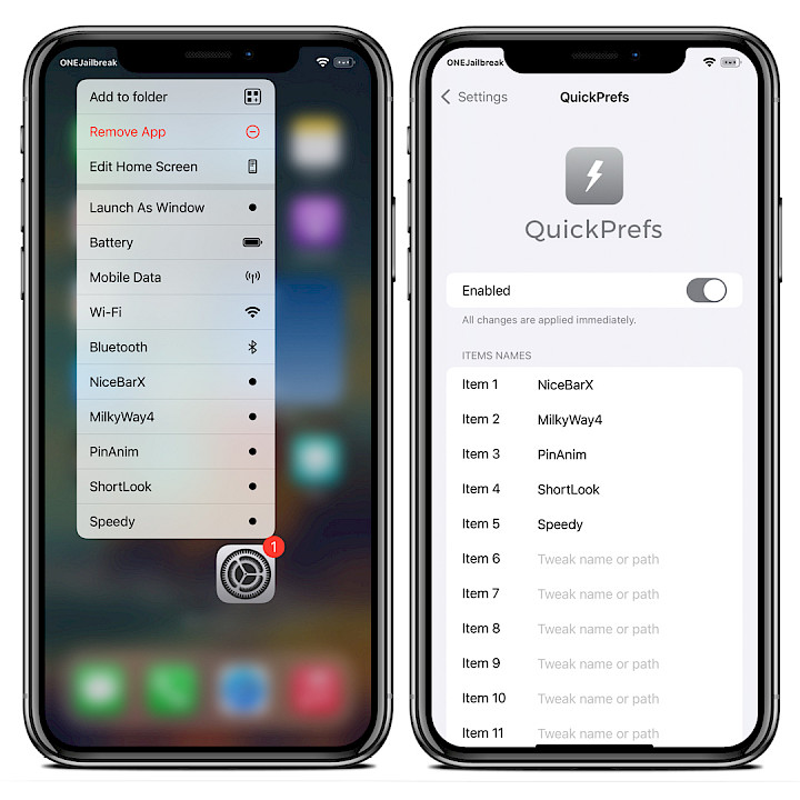 Two iPhone screens showing QuickPrefs preferences and new Settings app menu.