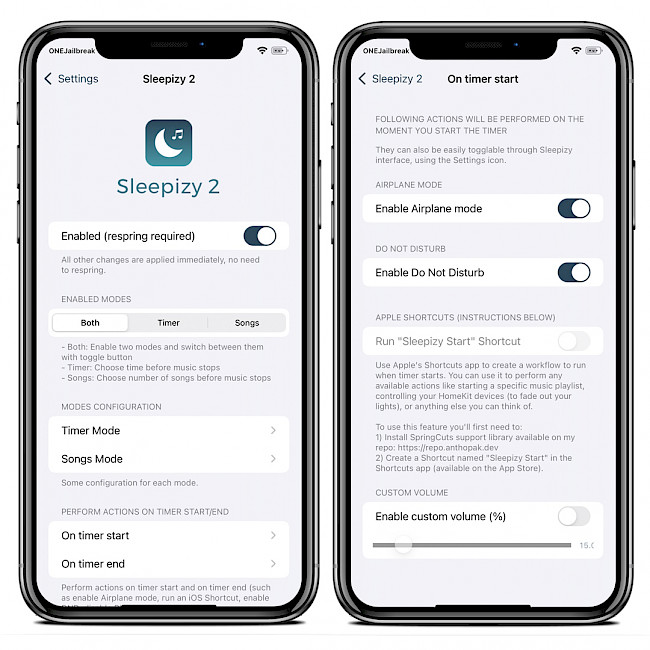 Two iPhone screens showing Sleepizy 2 preference pane.