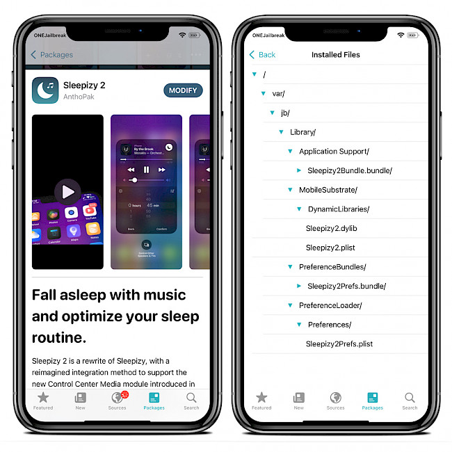 Screenshot of Sileo app showing Sleepizy 2 Repo and installed files on iOS 15.