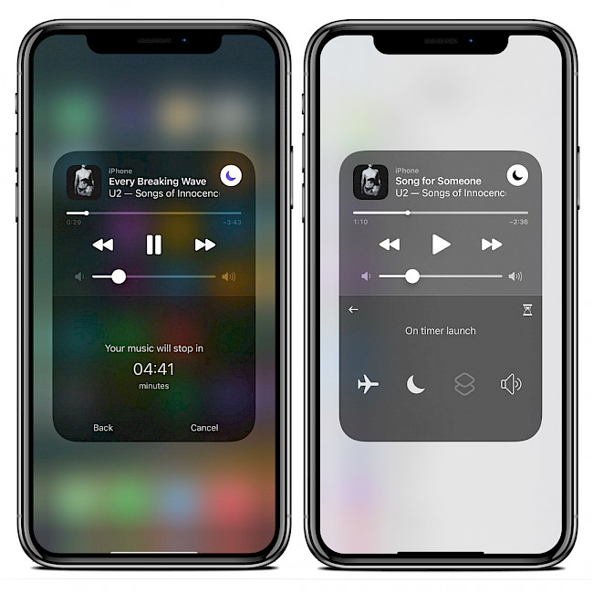 Two iPhone screens showing Sleepizy 2 music module integration on iOS 15.