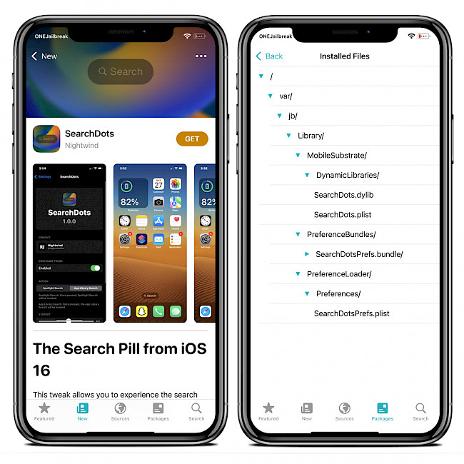 Screenshot of Sileo app showing SearchDots Repo and installed files on iOS 15.