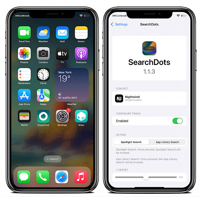 Two iPhone screens showing SearchDots tweak running iOS 15.